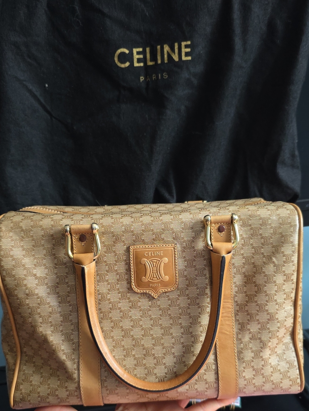 CELINE Macadam Canvas Boston Bag Tan